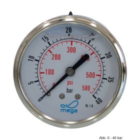 Glyzerinmanometer, AG, Anschluss 1/4", hinten, 0 - 40 bar, Gehäuse 63 mm
