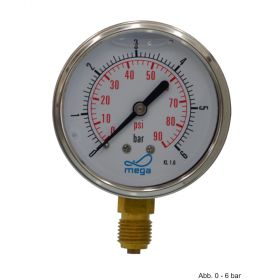 Glyzerinmanometer, AG, Anschluss 1/4", unten, 0 - 6 bar, Gehäuse 63 mm